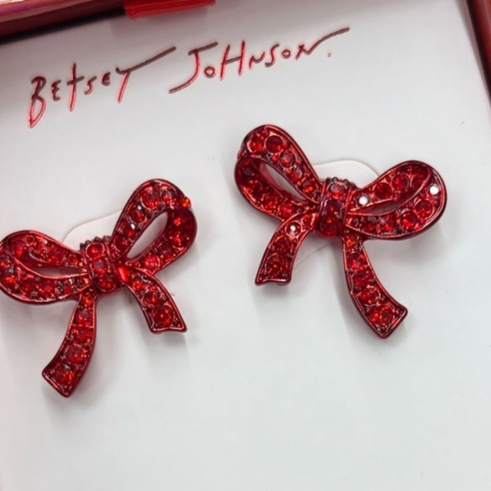 ❤️🔹Betsey Johnson 🔹️Love Spell Red Bow Stud Earrings Crystal Accents - Picture 6 of 12